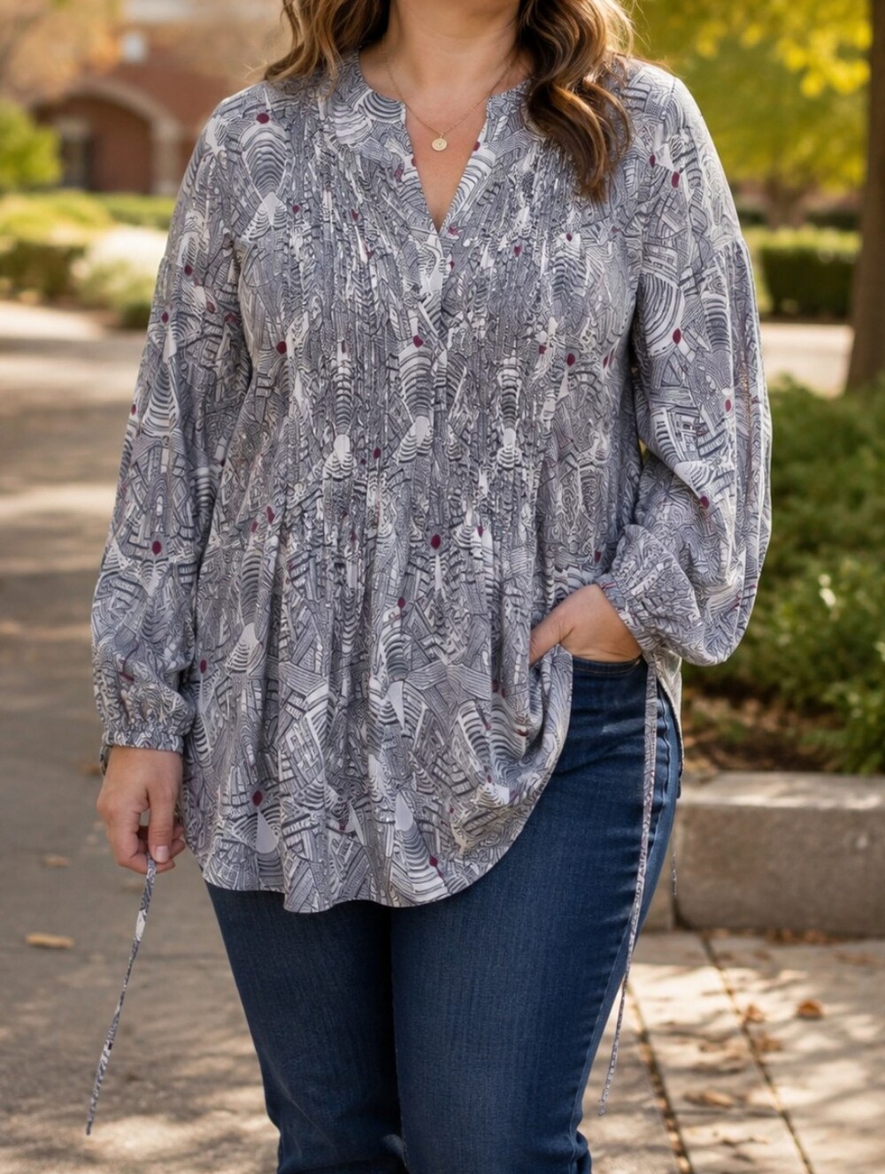 Melissa McCarthy Seven7 Plus Size Gray Abstract Print Long Sleeve Tunic Blouse